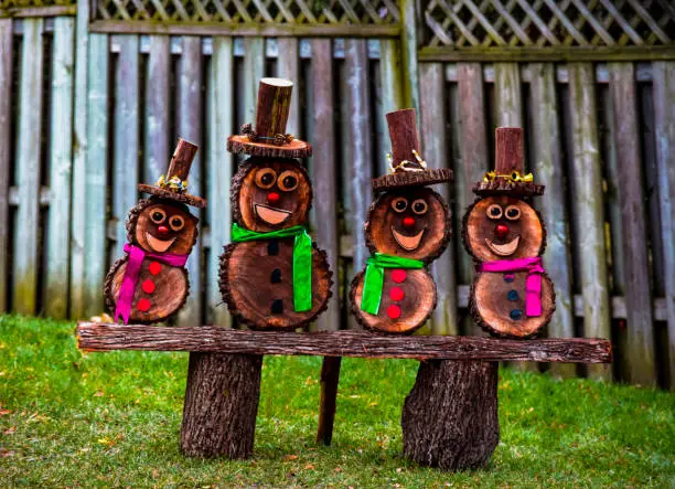 Outdoor Handmade Wooden Snowmen in December, Ontario, Canada - Stock Photography