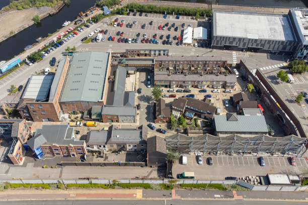 aerial view of coronation steet set, manchester, england, uk - corrie imagens e fotografias de stock