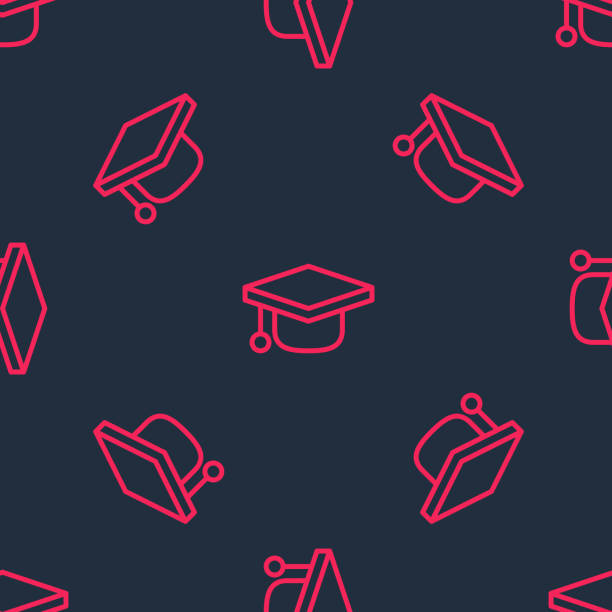 Red line Graduation cap icon isolated seamless pattern on black background. Graduation hat with tassel icon. Vector Red line Graduation cap icon isolated seamless pattern on black background. Graduation hat with tassel icon. Vector. graduation designs stock illustrations