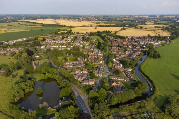 Aerial view of Weston, a typical English village in summer sunlight, Staffordshire, England, UK