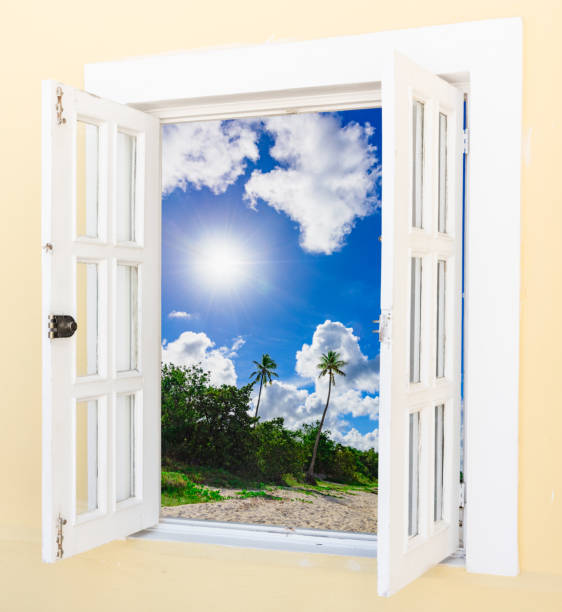 istock wooden open window overlooking the tropics 1342059189