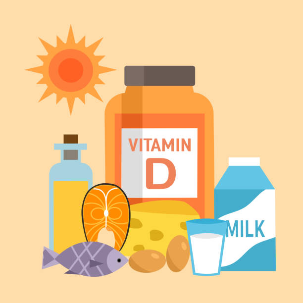 ilustraciones, imágenes clip art, dibujos animados e iconos de stock de ilustración vectorial de fuentes de alimentos con vitamina d. alimentación saludable. nutrición esencial para la salud. - vitamin d
