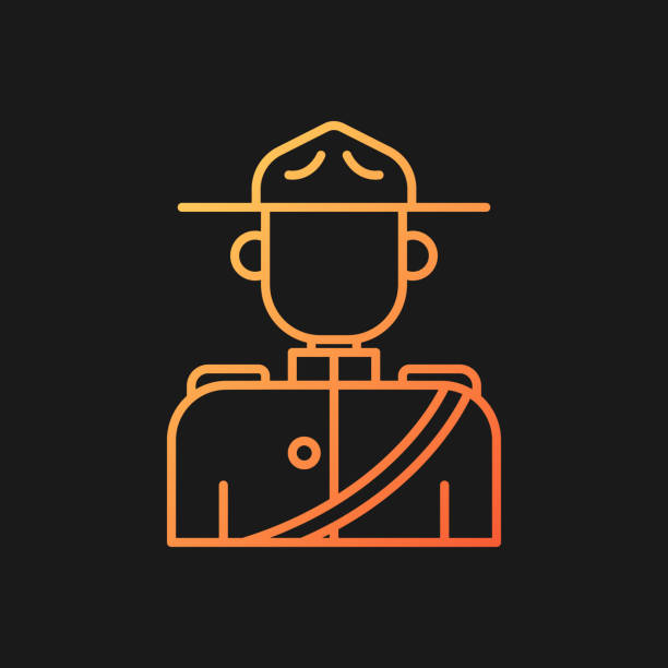 Royal canadian mounted police gradient vector icon for dark theme Royal canadian mounted police gradient vector icon for dark theme. Rider traditional scarlet uniform. Police service. Thin line color symbol. Modern style pictogram. Vector isolated outline drawing rcmp stock illustrations