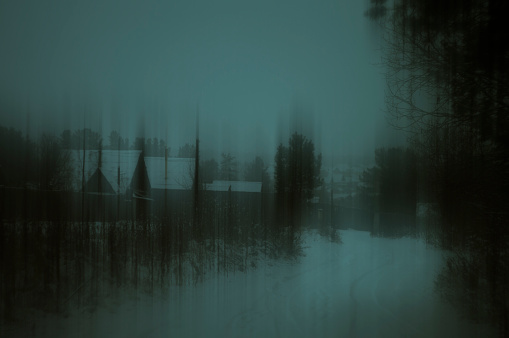 Cold winter scary landscape with a view of the forest and the village, looks like a horror