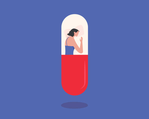 Young female character sleeping in a sleeping pill. Woman suffering from sleep disorder and insomnia concept.Antidepressants.Depression.Addiction. Flat vector illustration vector art illustration