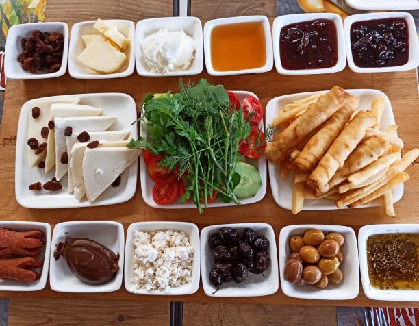 istock Traditional turkish breakfast with olive and dessert serving in bodrum mugla turkey 1342064508
