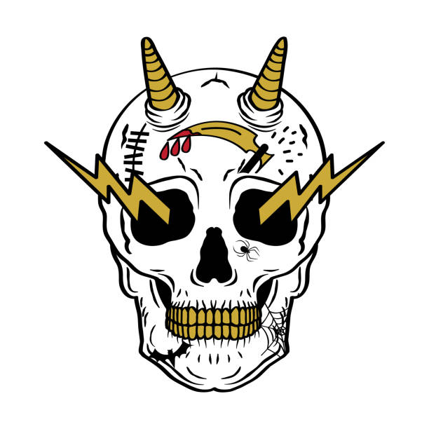 illustrations, cliparts, dessins animés et icônes de tattoo devil skull lightning design collection - wizard horror spooky knight