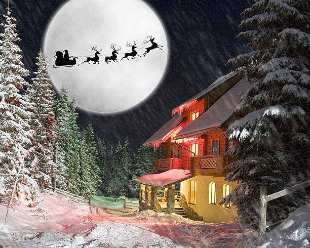 istock Santa and his reindeers riding against moon 134206764