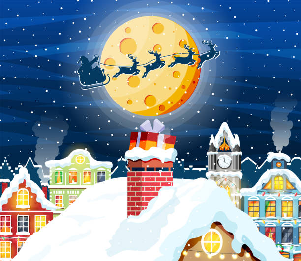 istock Christmas gifts box with bow in chimney. 1342067759