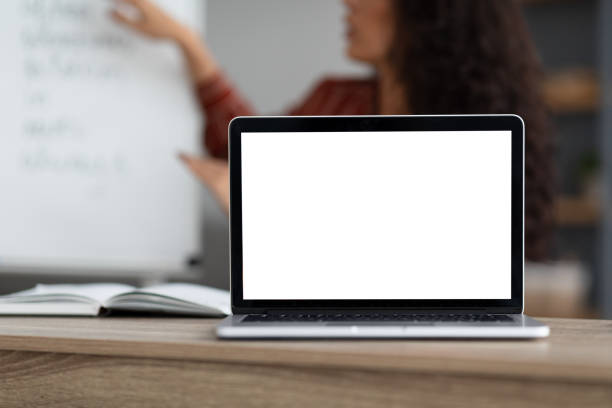 istock Teacher recording video, selective focus on blank gadget screen 1342067905