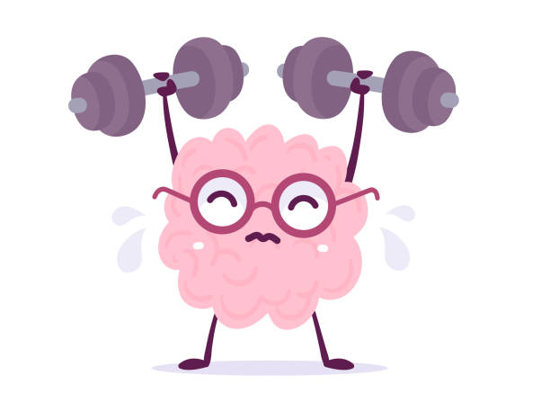 ilustraciones, imágenes clip art, dibujos animados e iconos de stock de ilustración creativa vectorial del carácter del cerebro humano de color rosa fuerte en gafas de levantamiento de pesas con esfuerzo sobre fondo blanco. flat doodle style knowledge concept diseño del cerebro emocional con sudor - brain gym