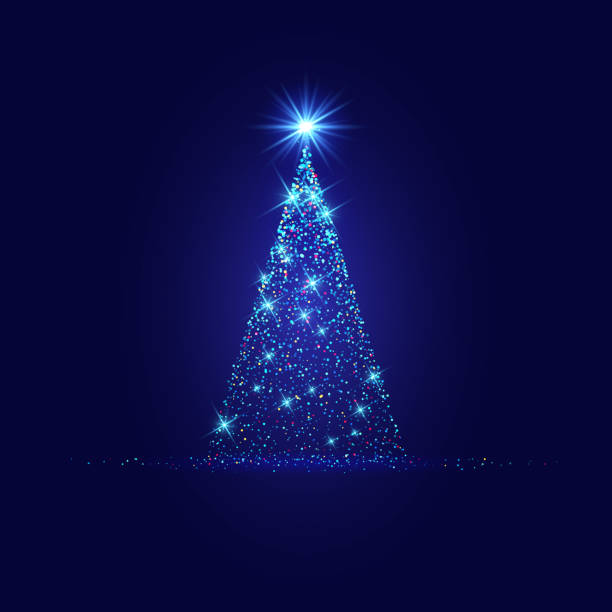 magischer weihnachtsbaum aus blauem licht auf dunklem hintergrund - tannenbaum stock-grafiken, -clipart, -cartoons und -symbole