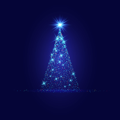 Magic Xmas tree made from blue lights on dark background