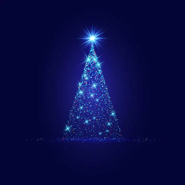 Vector illustration of Magic Xmas tree made from blue lights on dark background
