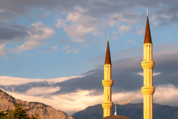 minaret tower in Antalya on a clear autumn day, Turkey