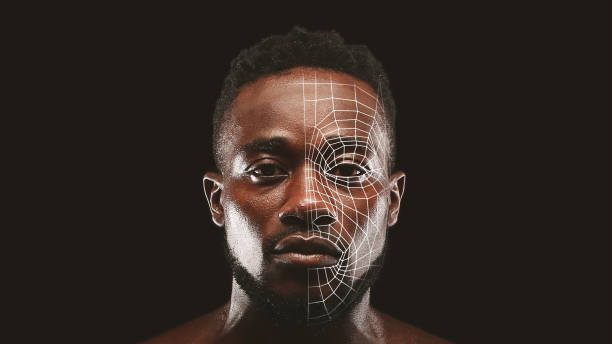 istock Afro-american guy getting face scanning on black background, collage 1342071881
