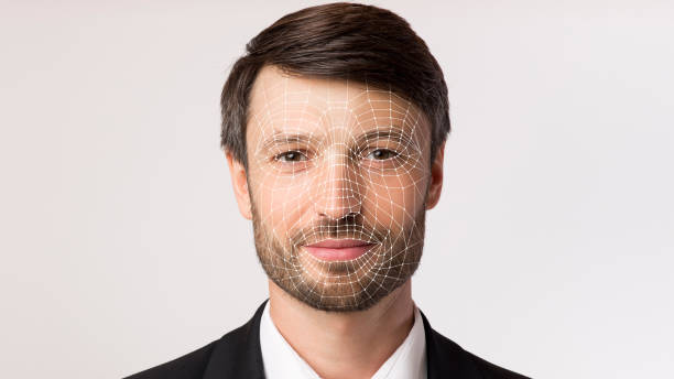 istock Portrait of handsome businessman on grey. Biometric verification, face concept 1342071909