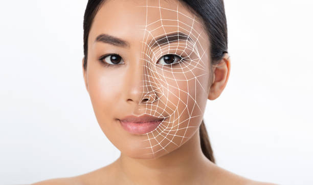 istock Asian lady getting face scanning on white background, closeup, collage 1342071967