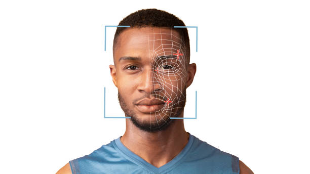 istock Portrait of young black guy on white, having face recognition 1342073191