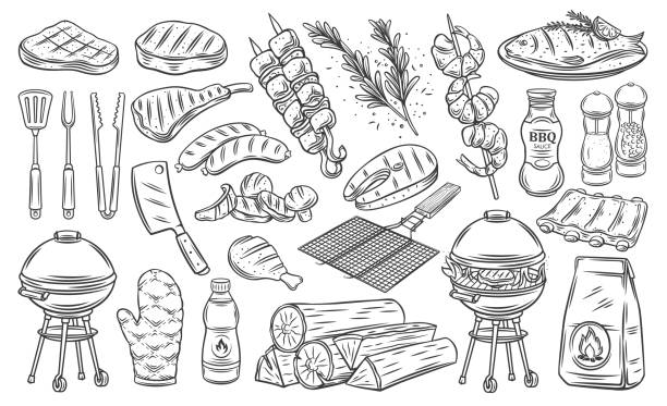 BBQ party outline icons set BBQ party outline icons set, barbecue, grill or picnic. Grilled salmon, sausage, vegetables, meat steak and shrimp drawing monochrome illustration. Hand drawn barbecue tools. meat stock illustrations