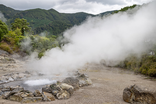 Individual named boiling springs in the geothermal area in a public park in the center of the town Furnas in the center of the Portuguese Azorean Island San Miguel in the middle of the North Atlantic Ocean