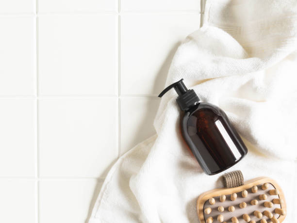 istock Brown bottle mockup for bathing products in bathroom 1342077488