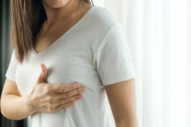 Photo of Woman hand checking lumps on her breast for signs of breast cancer. Women healthcare concept.