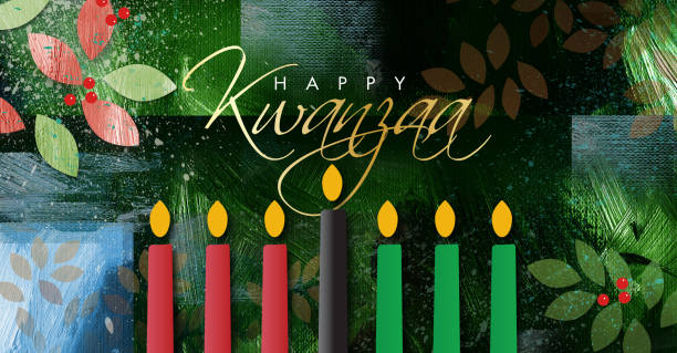 ilustrações de stock, clip art, desenhos animados e ícones de happy kwanzaa script brush stroke and leaves background - menorah judaism candlestick holder candle