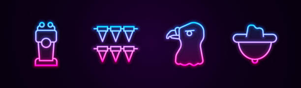 istock Set line Stage stand or tribune, Carnival garland with flags, Eagle head and Western cowboy hat. Glowing neon icon. Vector 1342082014