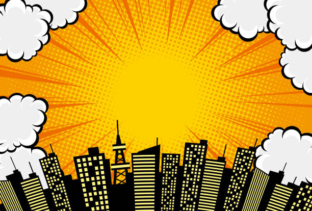 Comic art-style clouds, sky and city background material Comic art-style clouds, sky and city background material animated cartoon stock illustrations