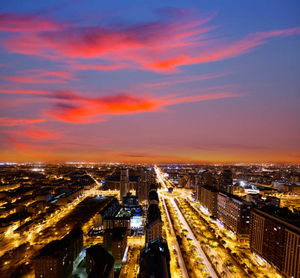 istock Valencia skyline at sunset aerial in Spain 1342088634