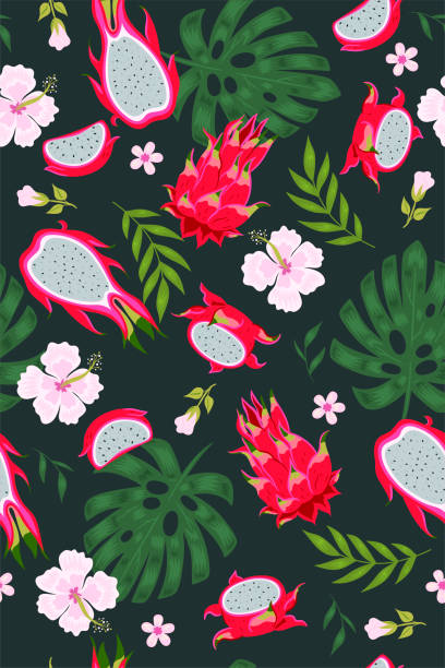 Tropical seamless pattern with pitaya, leaves and flowers. Vector graphics. Tropical seamless pattern with pitaya, leaves and flowers. Vector image. dragon fruit flower stock illustrations