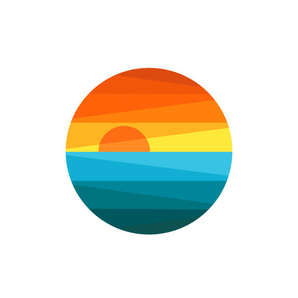 zachód słońca nad morzem lub oceanem z sylwetką słońca i wody. - beach stock illustrations