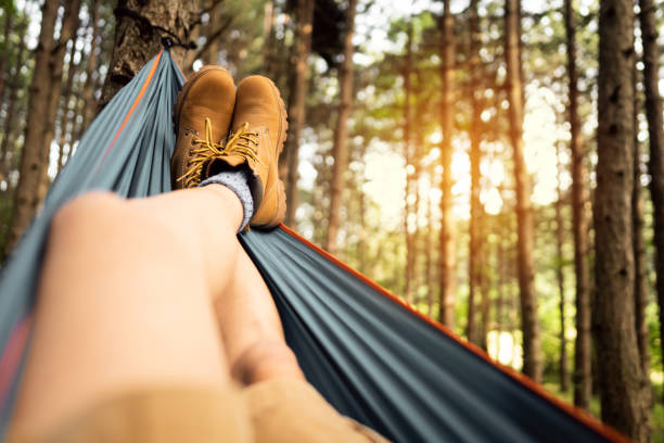 istock Unrecognizable man in hiking boots relaxing in a hammock in the pine forest 1342093123
