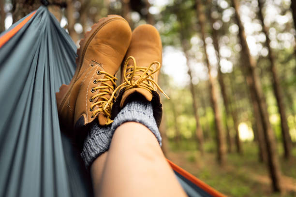 istock Hiking boots relaxing in a hammock in the pine forest 1342093125