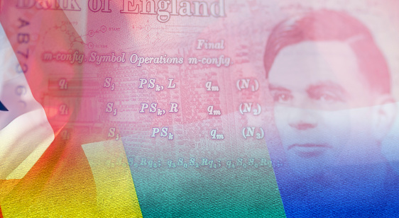 UK flag, rainbow flag and new fifty pound notes blended to show the support for Alan Turing, a gay man prosecuted for being gay whilst leading the British code breakers at Bletchley Park during the second world war.