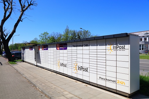 Parcel locker box Paczkomat in Poland. Paczkomat machines were popularized by company InPost in Poland.