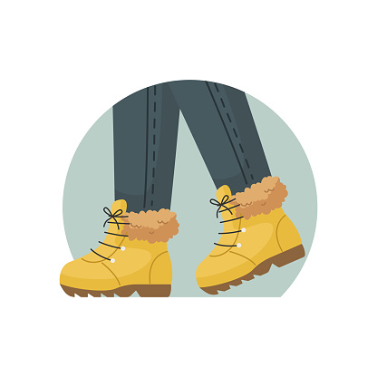 Vector illustration of winter warm shoes on the feet. Winter clothing.