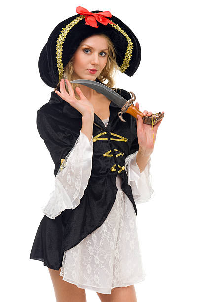 Beautiful woman in carnival costume. Pirate shape stock photo