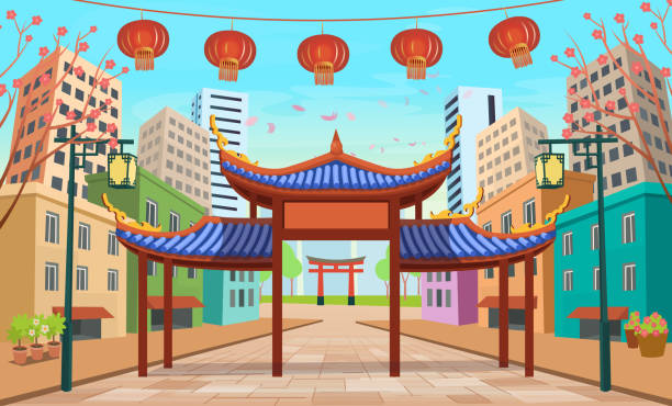 panorama chinese street with old houses, chinese arch, lanterns and a garland. vector illustration of city street in cartoon style. - çin cumhuriyeti illüstrasyonlar stock illustrations