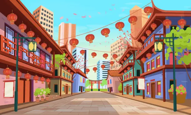 Vector illustration of Panorama chinese street with old houses, chinese arch, lanterns and a garland. Vector illustration of city street in cartoon style.