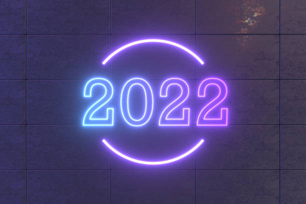istock 2022 New Year Neon Lighting Sign on Black Cube Block Wall 1342099137