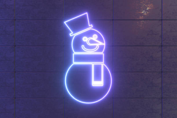 3D Rendering Black Cube Block Wall with Neon lighting Christmas Ornament, Snowman.