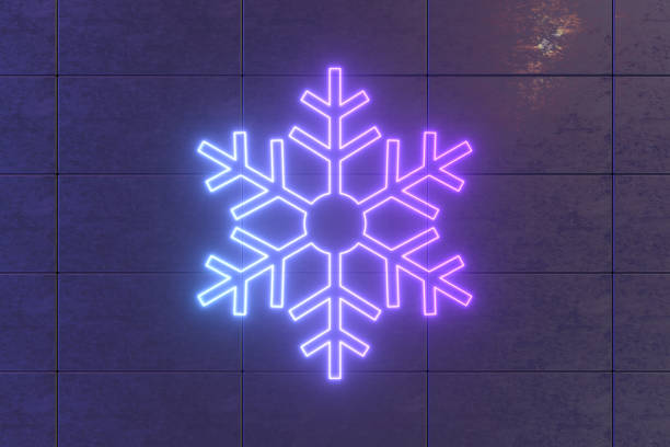 Christmas Ornament Snowflake Shape Neon Lighting on Black Cube Block Wall
