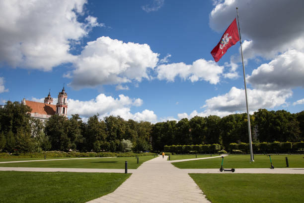 istock Vilnius lukiskes square in summer, cloudy sky, fountain 1342101043