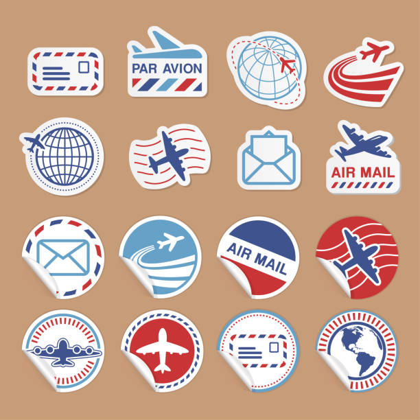 ilustraciones, imágenes clip art, dibujos animados e iconos de stock de conjunto de iconos de pegatinas vectoriales de correo aéreo - postage stamp air mail envelope mail