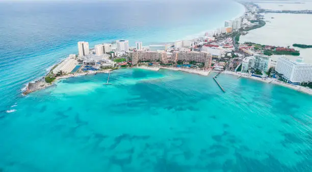 Aerial panoramic view of Cancun city hotel zone in Mexico. Caribbean coast landscape of Mexican resort with beach Playa Caracol and Kukulcan road. Riviera Maya in Quintana roo region on Yucatan Peninsula