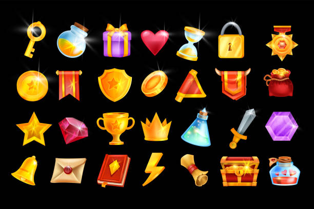 Vector game icon set, mobile casino app object kit, RPG inventory badge, golden trophy cup, medal. UI design element, winner crown, red flag, treasure chest, magic potion, coin. Online game icon pack leisure games stock illustrations