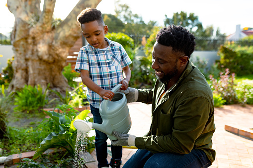 Happy african american father and son watering plants together. family time, having fun together at home and garden.