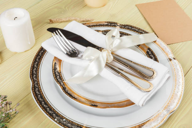 istock Top view of a wedding table setting with decorations 1342106801